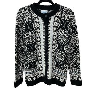 Vintage National Fair Isle Sweater Button Front Cardigan Black White Womens Sz S